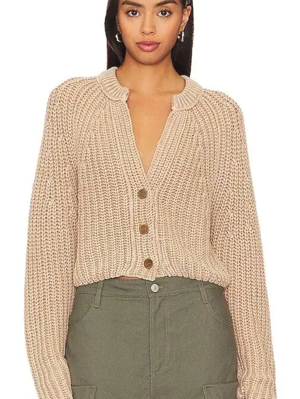 Free People Sweet Nothing Cotton Cardi Sandcastle Chunky Cropped Sweater SZ XS